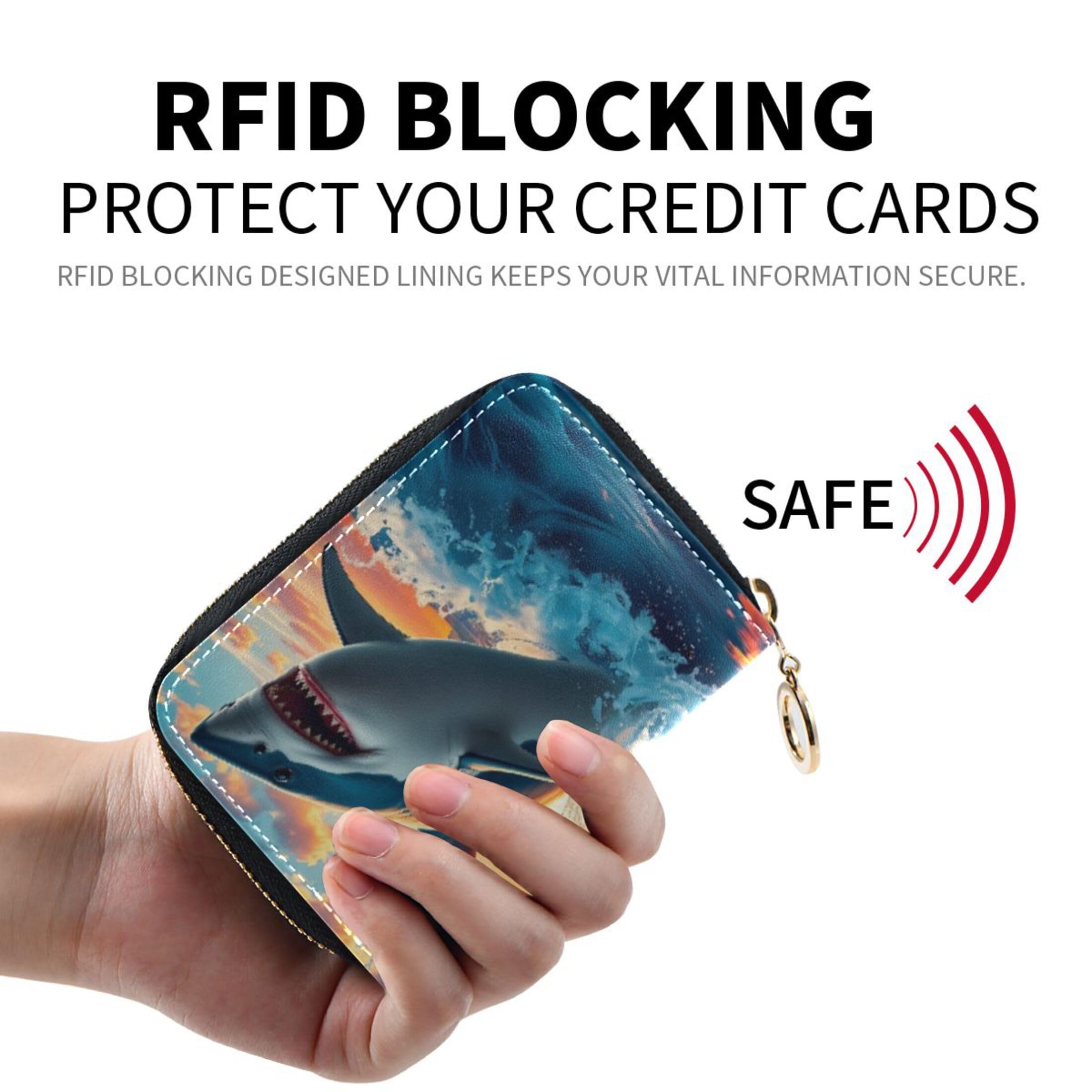 Burbuja Shark Breaching Credit Card Holder for Women Men RFID Blocking, Leather Accordion Zipper Card Case Wallet 11 Slots