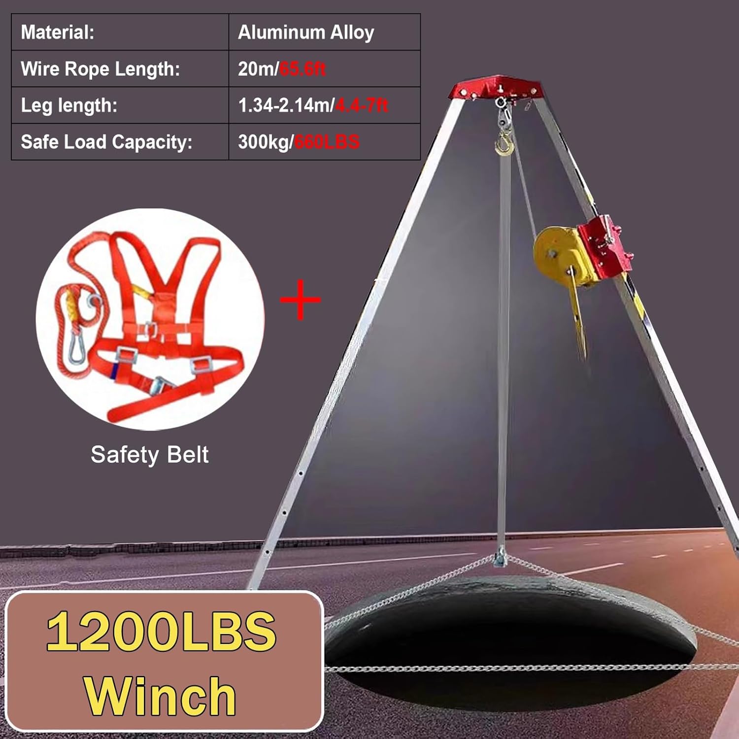 Fall Arrest Kits, Confined Space Tripod Kit for Emergency Firefighting Rescue, 1200/1800 / 2600 Lbs Winch Aluminum Tripod Rescue System with 65 ' / 98 ' / 130 ' Cable, Adjustable