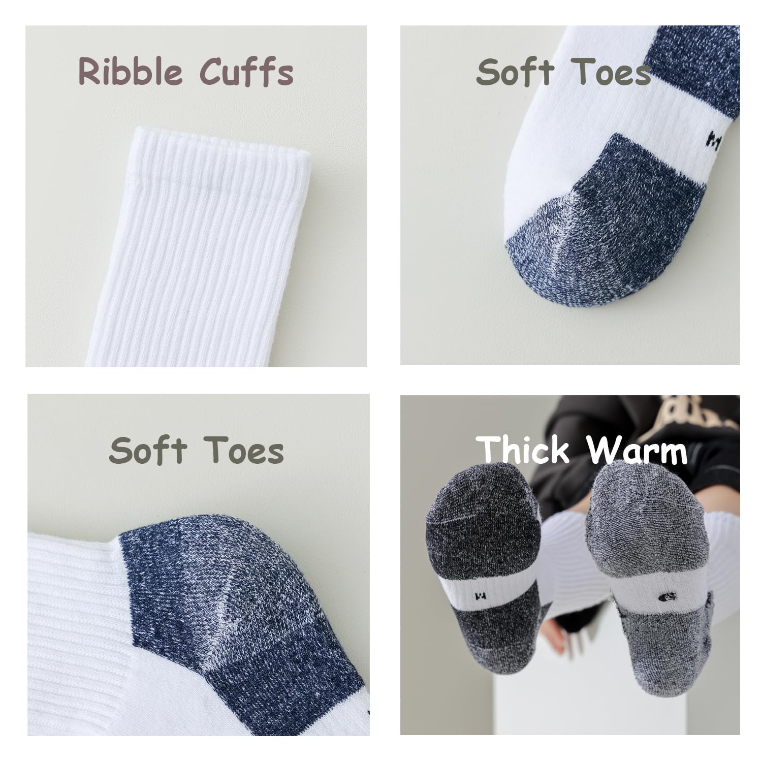 Marchare Chaussettes pour garçons et filles, pack de 6 paires de chaussettes épaisses et rembourrées en coton pour le sport et la course à pied.