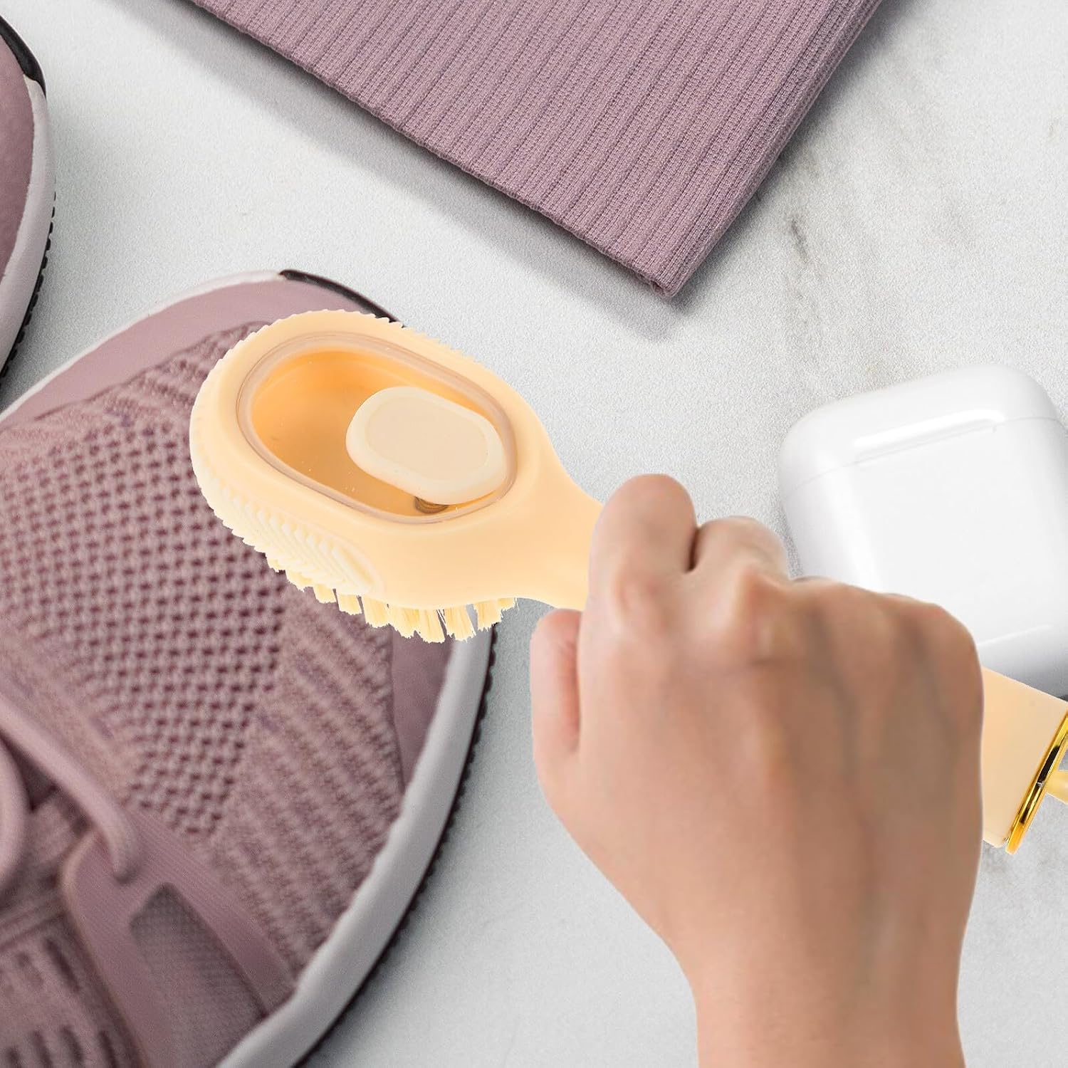Multifunctional Liquid Storage Shoe Brush with Soft Bristles, Press-to-Dispense Shoe and Clothing Scrub Brush for Wet and Dry Cleaning, Household Sneaker Cleaner in Cream Color