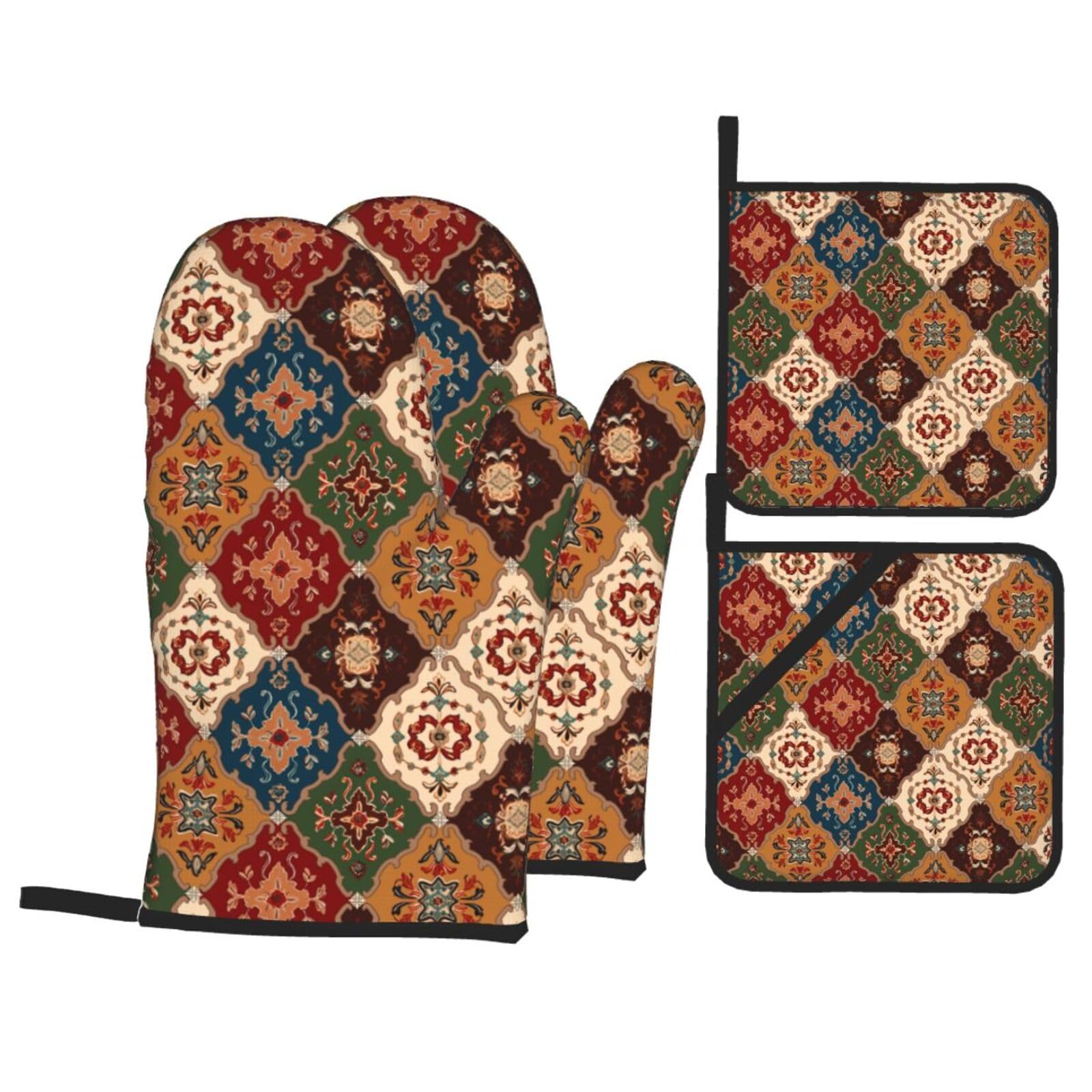Red Boho Oven Mitts and Pot Holders Sets - Vintage Bohemian Kitchen Mitts Potholders 4 Pack Heat Resistant Retro Patterned Oven Gloves Hot Pads for Kitchen Baking Grilling Party