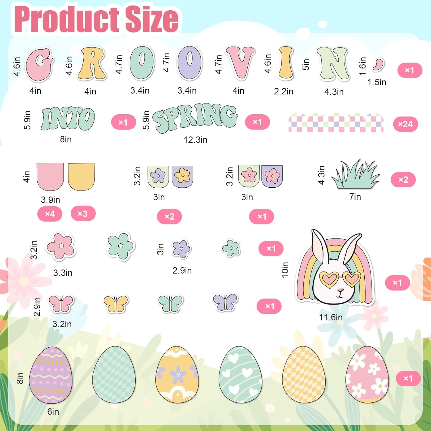 FYSUIMU 64Pcs Groovin' Into Spring Bulletin Board Decor Set Pastel Easter Egg Bunny Paper Cut-Out Retro Groovy Flower Butterfly Border Trim with Glue Point for Chalkboard Wall Party Decor