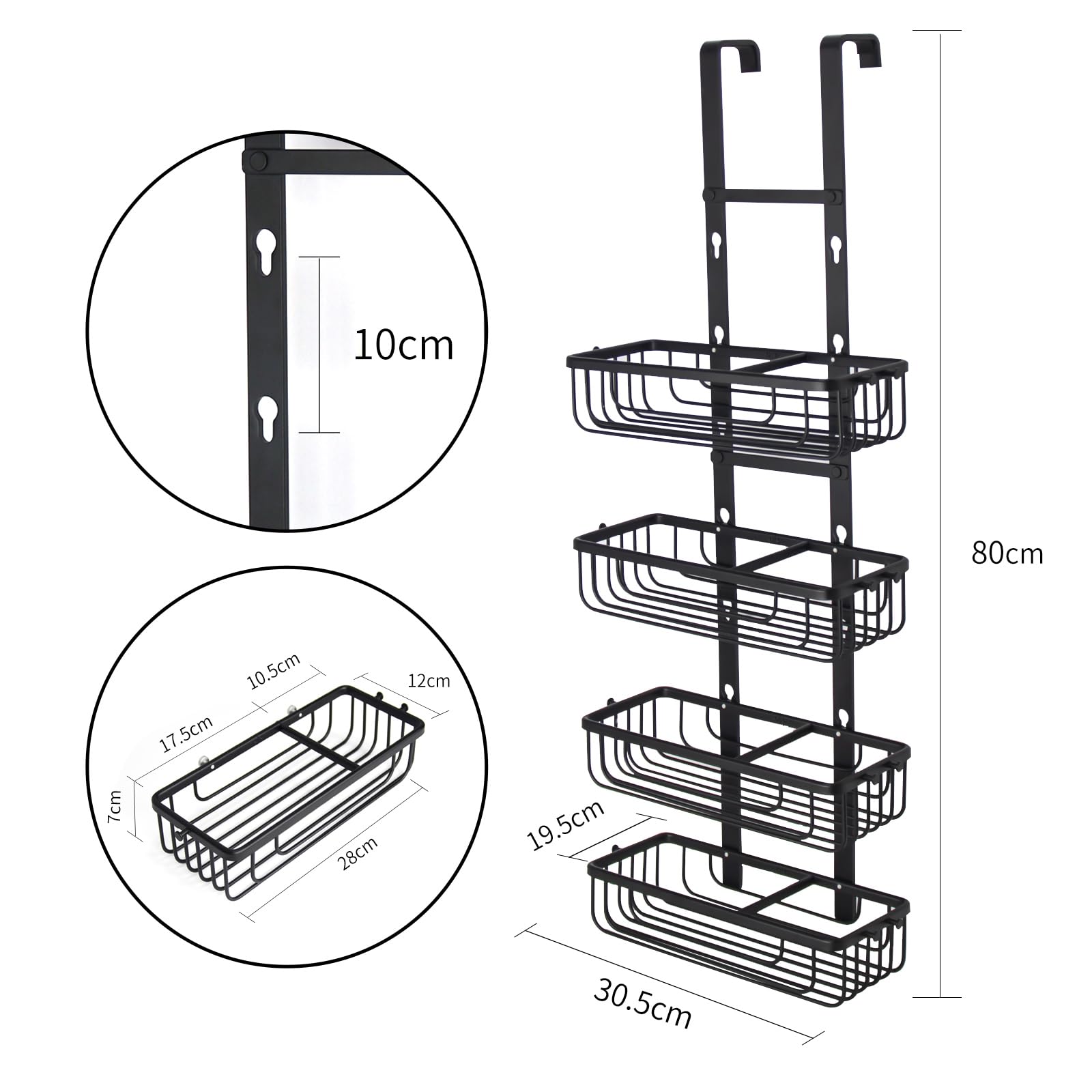Duwee Estantería de Ducha Organizador para Colgar sobre la Puerta, 4 Niveles, Ajustable, con Gancho, Cesta de Almacenamiento a Prueba de Óxido, Sin Taladrar, para Champú, Gel de Ducha, Color Negro