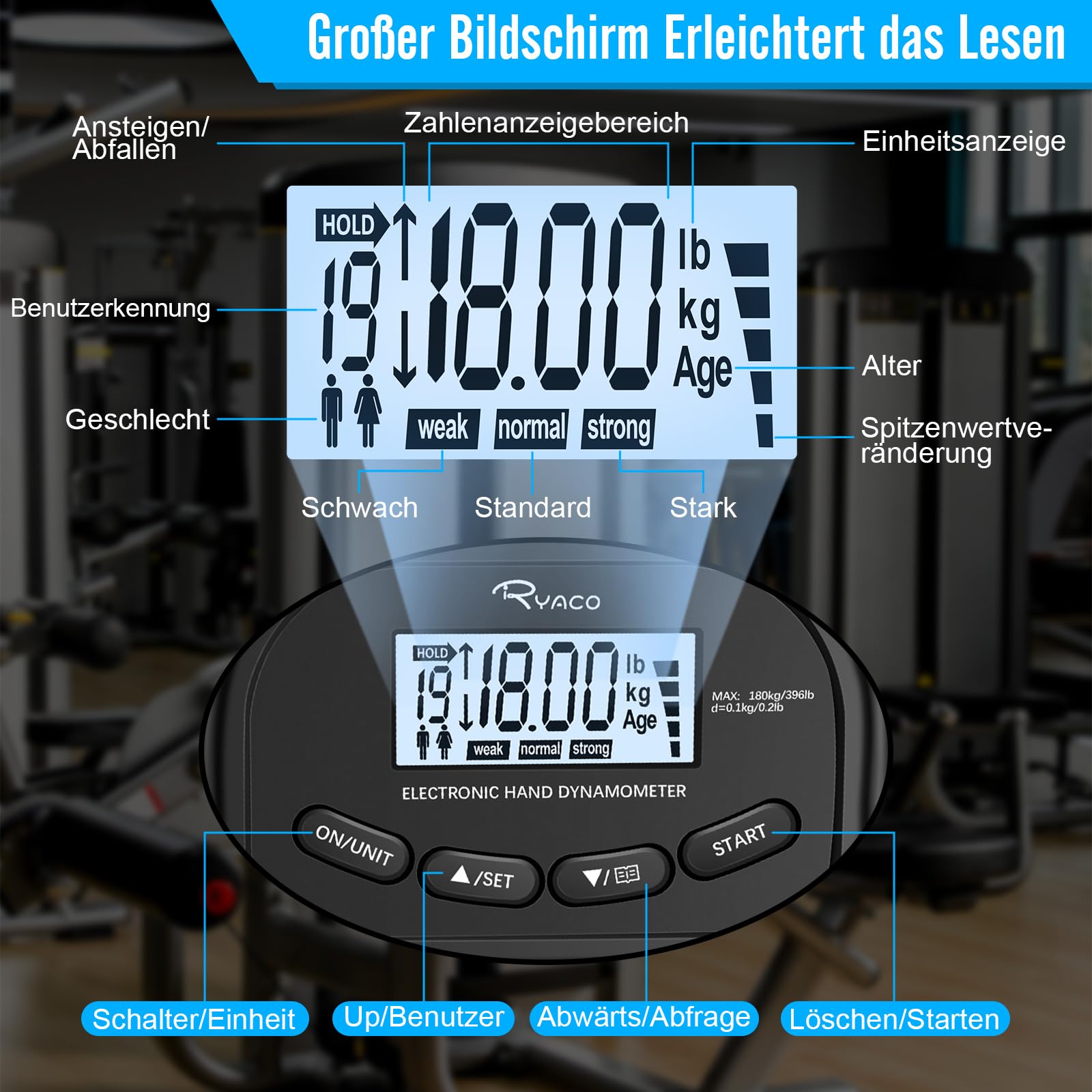 Ryaco Digital Manual Force Gauge 180 kg Hand-Held Dynamometer LCD Display Black