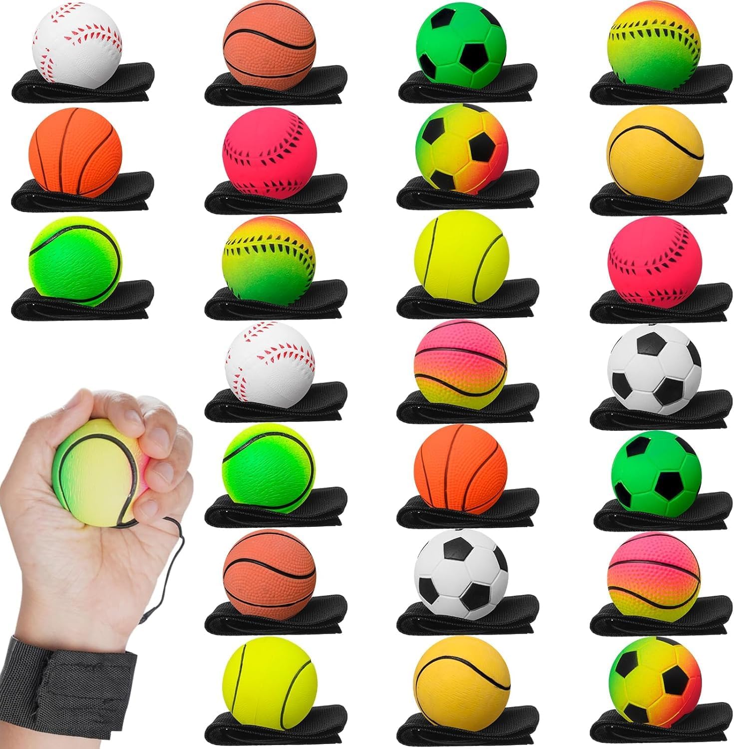 Malloom 24 Pack Wrist Return Balls Rubber Rebound Exercise Balls with Strap and String Bouncy Sports for Adults