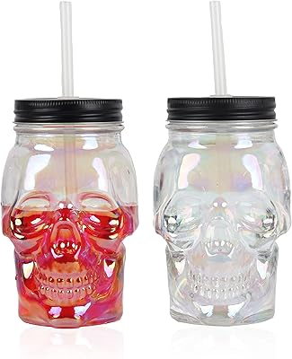 Servette Home 2 Pack Iridescent Skull Shaped Mason Jar with Lid and Straw - 16 oz