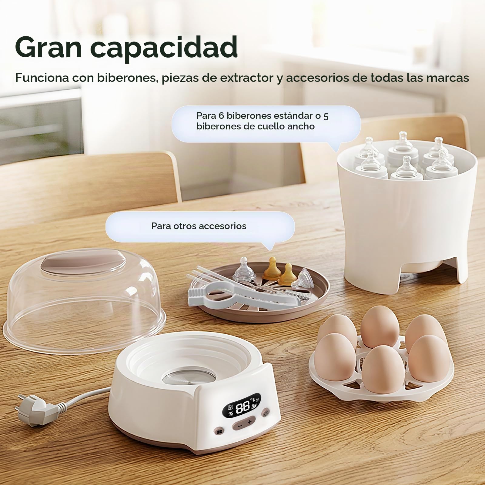 Esterilizador de biberón de 2 niveles para 6 biberones y chupetes, esterilizador de biberones 4 en 1 para biberones, juguetes de mordedor, calentador de leche y alimentos
