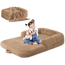 Yojoker Human Dog Bed for People Adults, 3 in 1 Giant Foldable Bean Bag Bed with Blanket, Washable Faux Fur Nap Floor Bed Adult for People, Pets Removable Large Memory Foam Human Sized Dog Bed Black