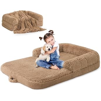 Yojoker Human Dog Bed for People Adults, 3 in 1 Giant Foldable Bean Bag Bed with Blanket, Washable Faux Fur Nap Floor Bed Adult for People, Pets Removable Large Memory Foam Human Sized Dog Bed Black