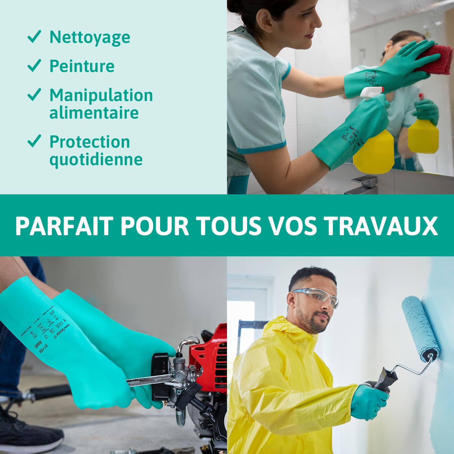Ansell AlphaTec 37-675, Gants en nitrile résistant aux produits chimiques, Gants de travail imperméables, Gants de protection sans latex, Alimentation et nettoyage, Verts, Gants nitrile 2XL 12 paires