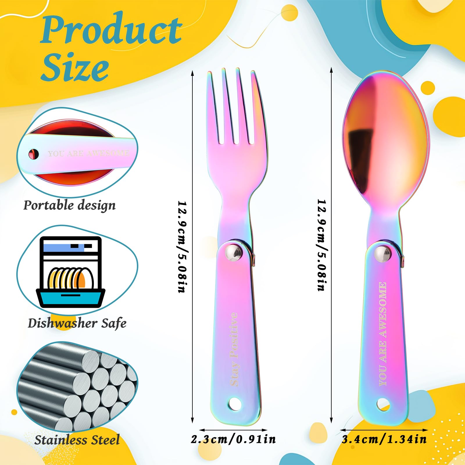 Lyreh Replacement Spoon and Fork Compatible with Thermos Funtainer Food Jar 10oz, Dishwasher-Safe Stainless Steel Foldable Spoon and Fork with Positive Lettering and Hanging Hole(Iridescent)