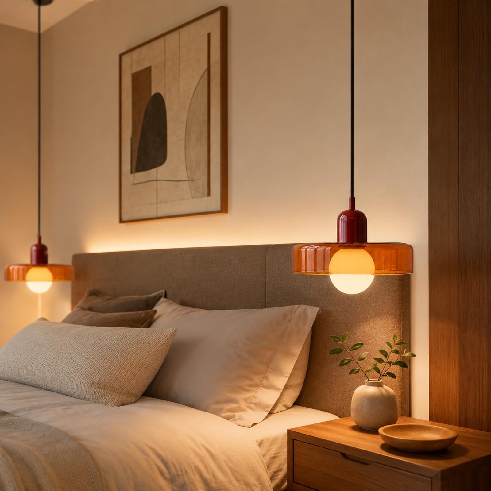 25cm Rund Glas Pendelleuchte, Retro Modern Esstisch Hängelampe mit Rot Eisenoberteil, E27 Hängende Deckenlampe für Küche, Esszimmer & Schlafzimmer (Klar Orange)