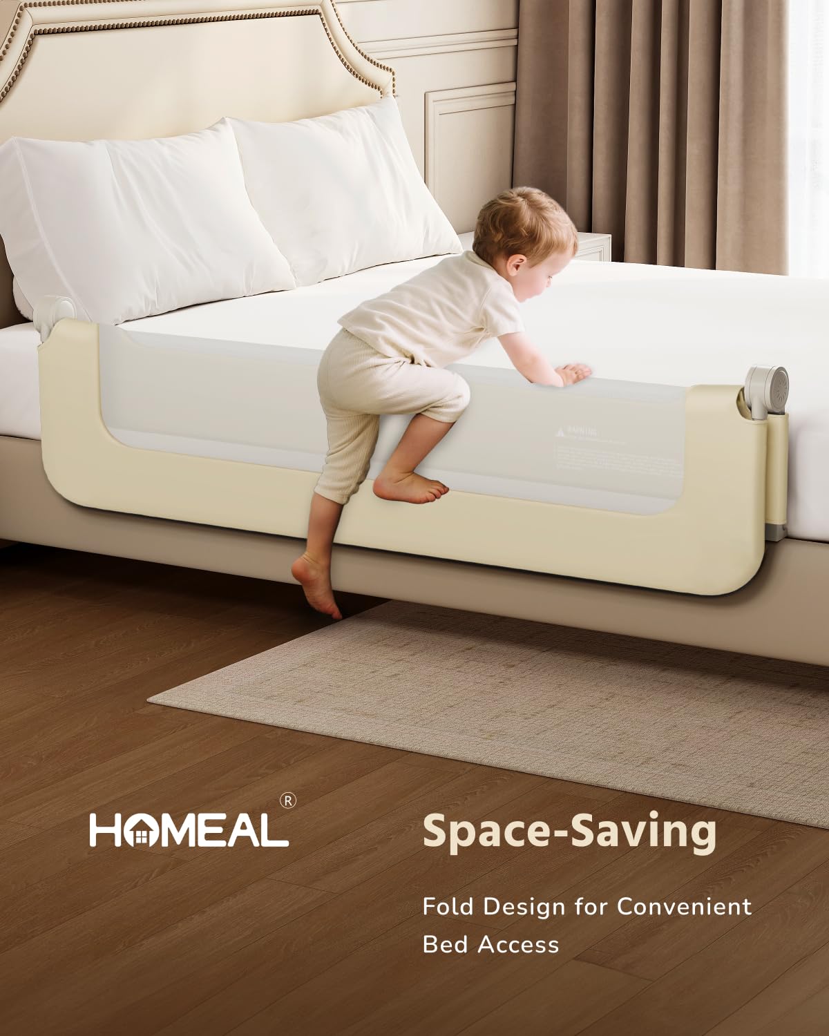 HOMEAL Barandilla de cama para niños pequeños con base en forma de U – 47 x 24 pulgadas, protector plegable para cama de bebé tamaño King, Queen, matrimonial, individual, beige, 1 paquete