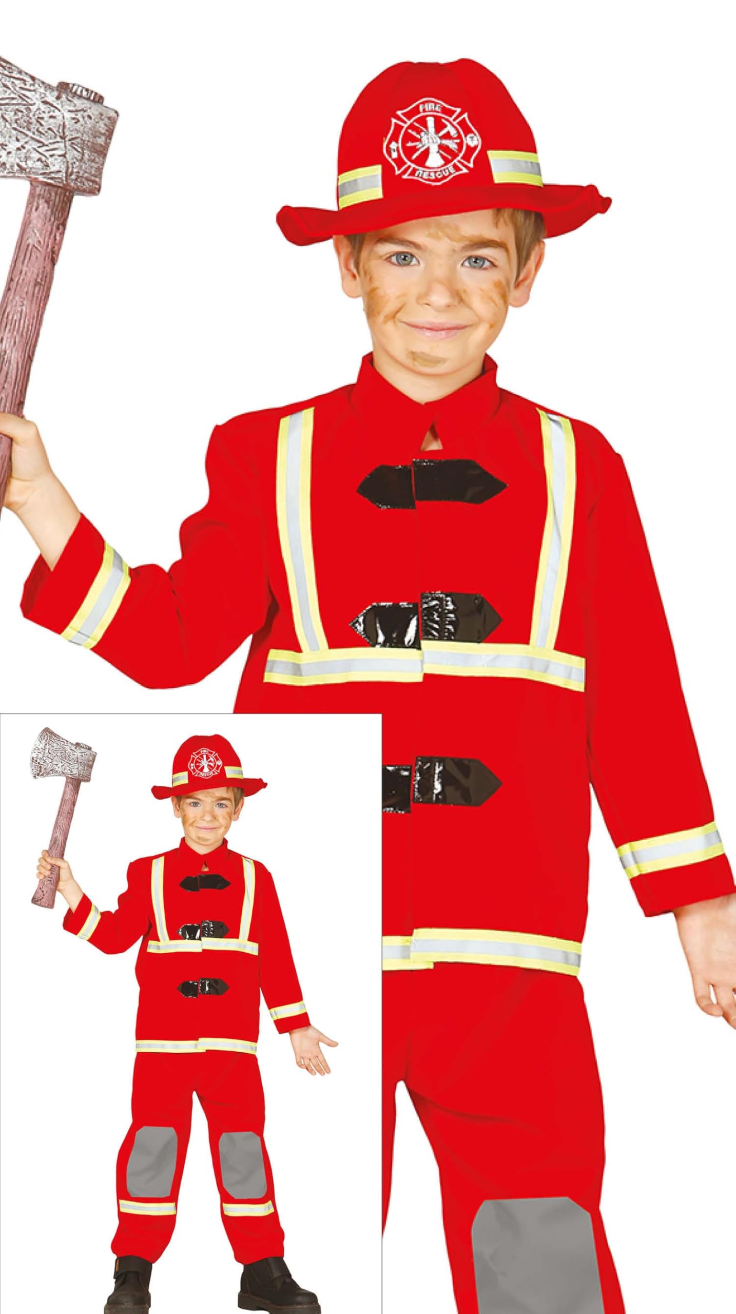 FIESTAS GUIRCA | Disfraz de Bombero Infantil (3-4 años) - Chaqueta, Gorro y Pantalón para Niños - Disfraces de Bomberos para Fiestas, Carnaval y Halloween - Ideal para Chicos - Rojo