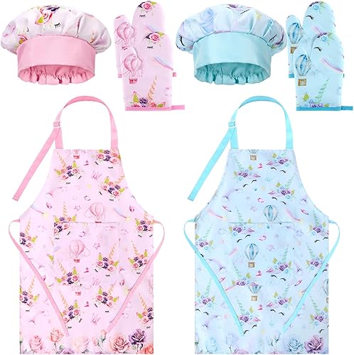 Hercicy 8 Pcs Kids Apron and Chef Hat Set Cute Child Aprons with Pockets Adjustable Strap Hat Oven Mittens for Kitchen