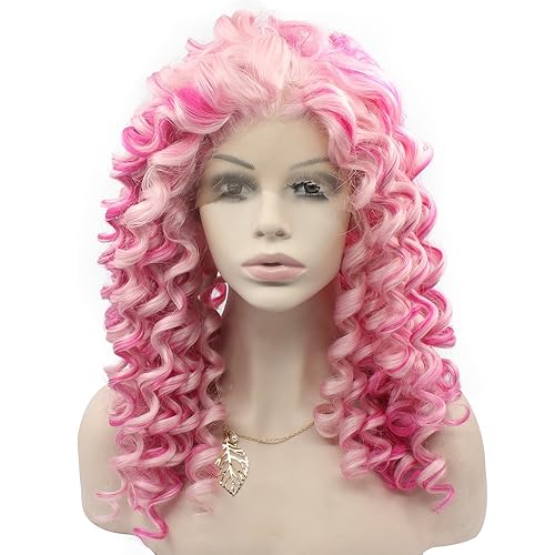 MX angel Mxangel Long Spirial Curl Heat Resistant Synthetic Lace Front Two Tone Curly Pink Wig - Pink