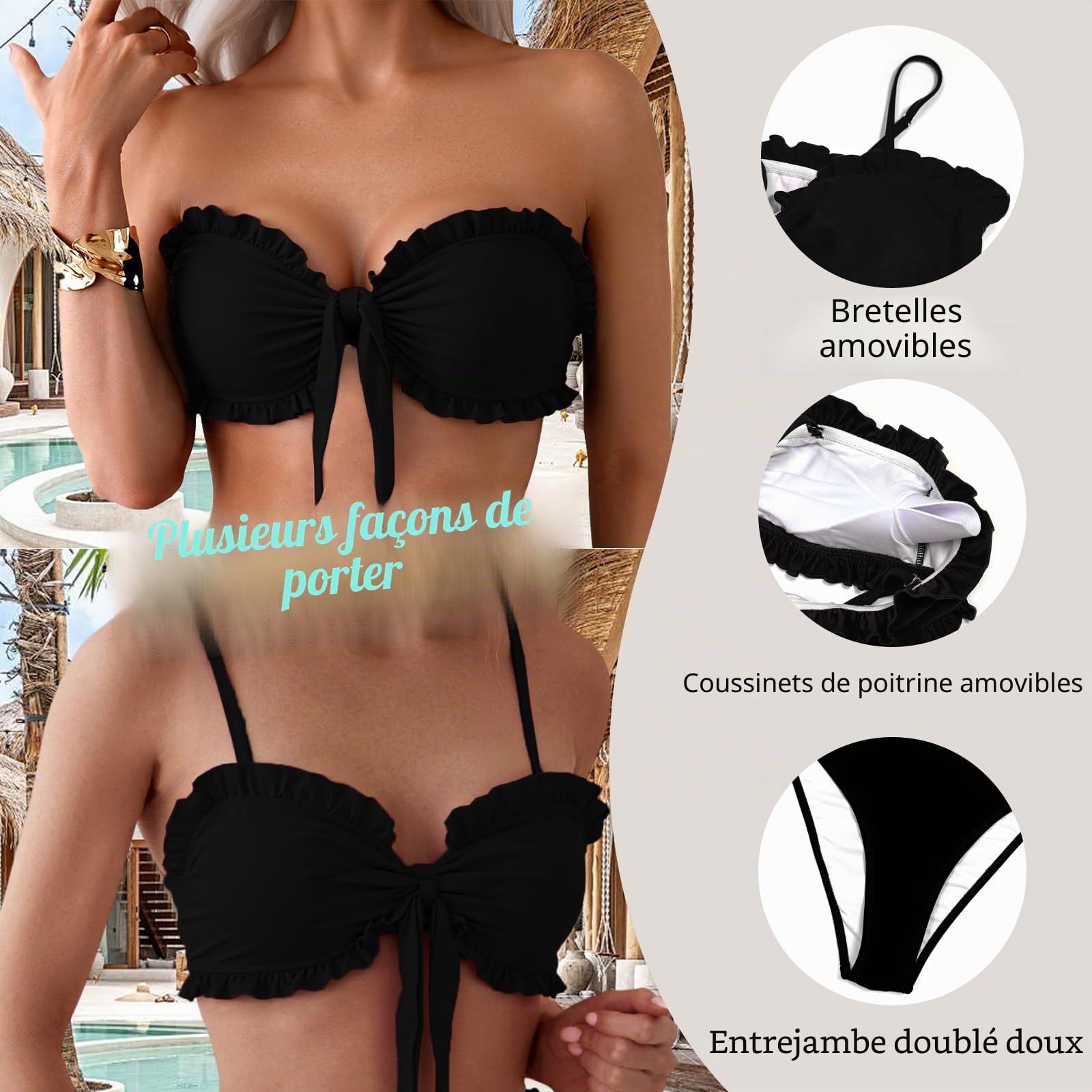 OUSIMEN Maillots de Bain Femme Deux Pièces Design Froncé et Torsadé Bretelles Bikini et Bas à Taille Moyenne