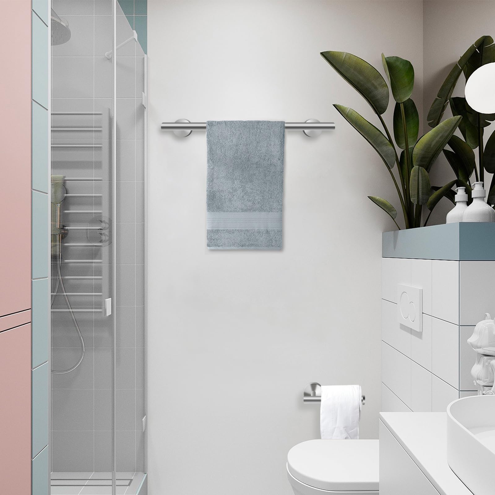 Juego de 7 piezas de accesorios de baño, de acero inoxidable de níquel cepillado, montaje en pared, incluye barra de toalla de 16 pulgadas, soporte para papel higiénico, anillo para toallas, 4 ganchos 4