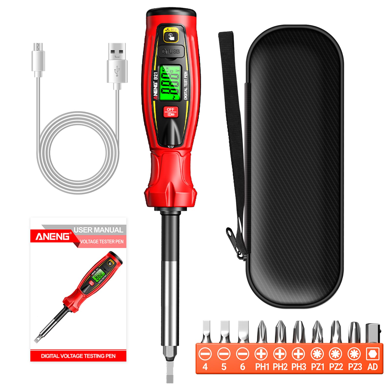 Digital Voltage Tester Pen, Non Contact Voltage Testing Pen Rechargeable AC Voltage 30V -1000V NCV Detection Replaceable 10 in 1 Batch Heads with LED Light (RED)