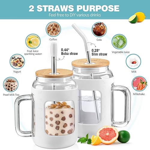 Miniatura 5 de VOKOVO Vaso de vidrio de 40 onzas con tapa de bambú y pajilla botellas de agua de vidrio con marcador de tiempo taza de café helado con asa dos