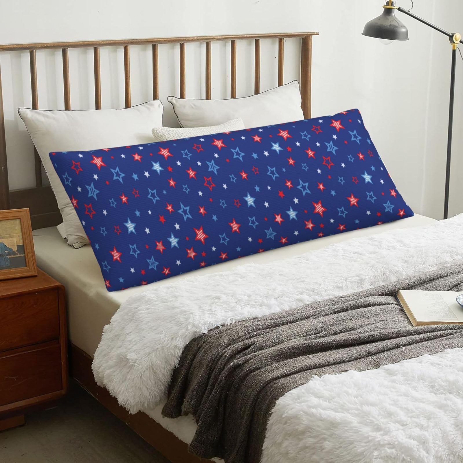 Red Blue Stars, Body Pillow Cover with Zipper,Long Body Pillowcase 20 x 60 in
