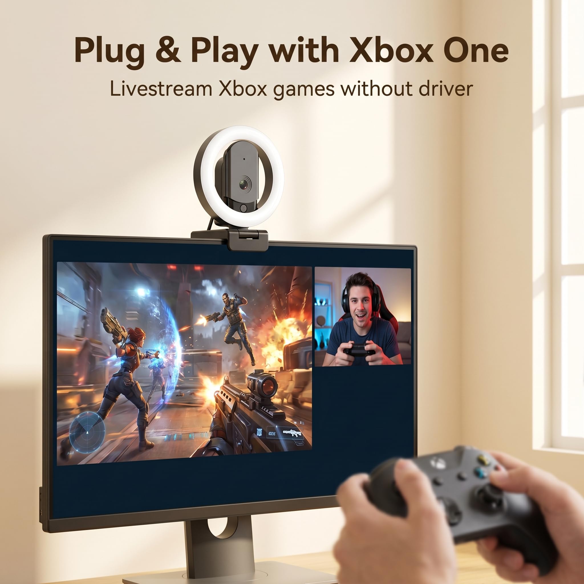 Cámara web 4K Ultra HD con micrófono, luz de relleno de 3 colores y cubierta de privacidad, cámara web de enfoque automático de gran angular de 90° con trípode y adaptador USB C, Plug & Play