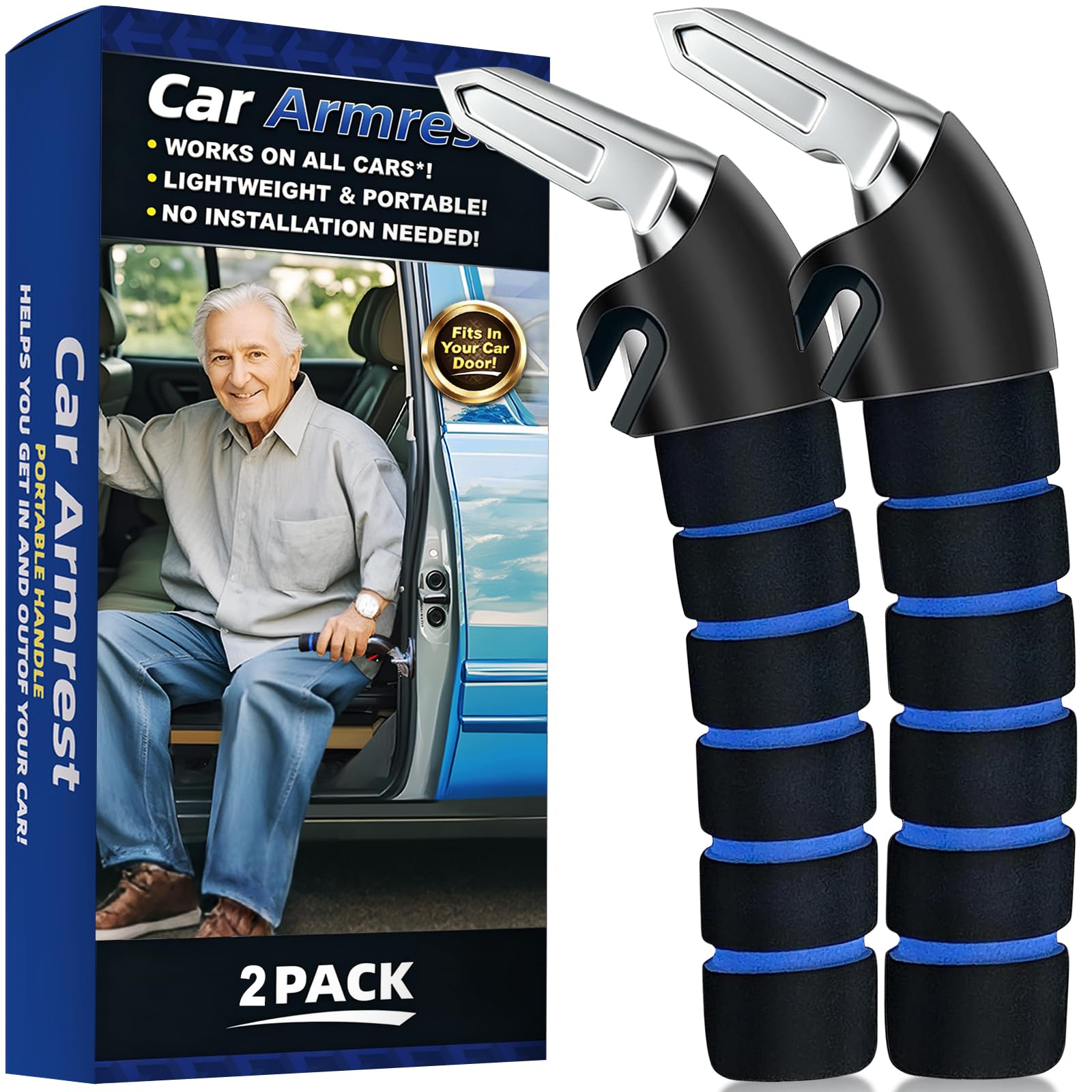 KOUNATSURI 2Pack Car Door Handle for Elderly Car Handle Assist Support Multifunction Handle for Elderly and Handicapped(Blue)
