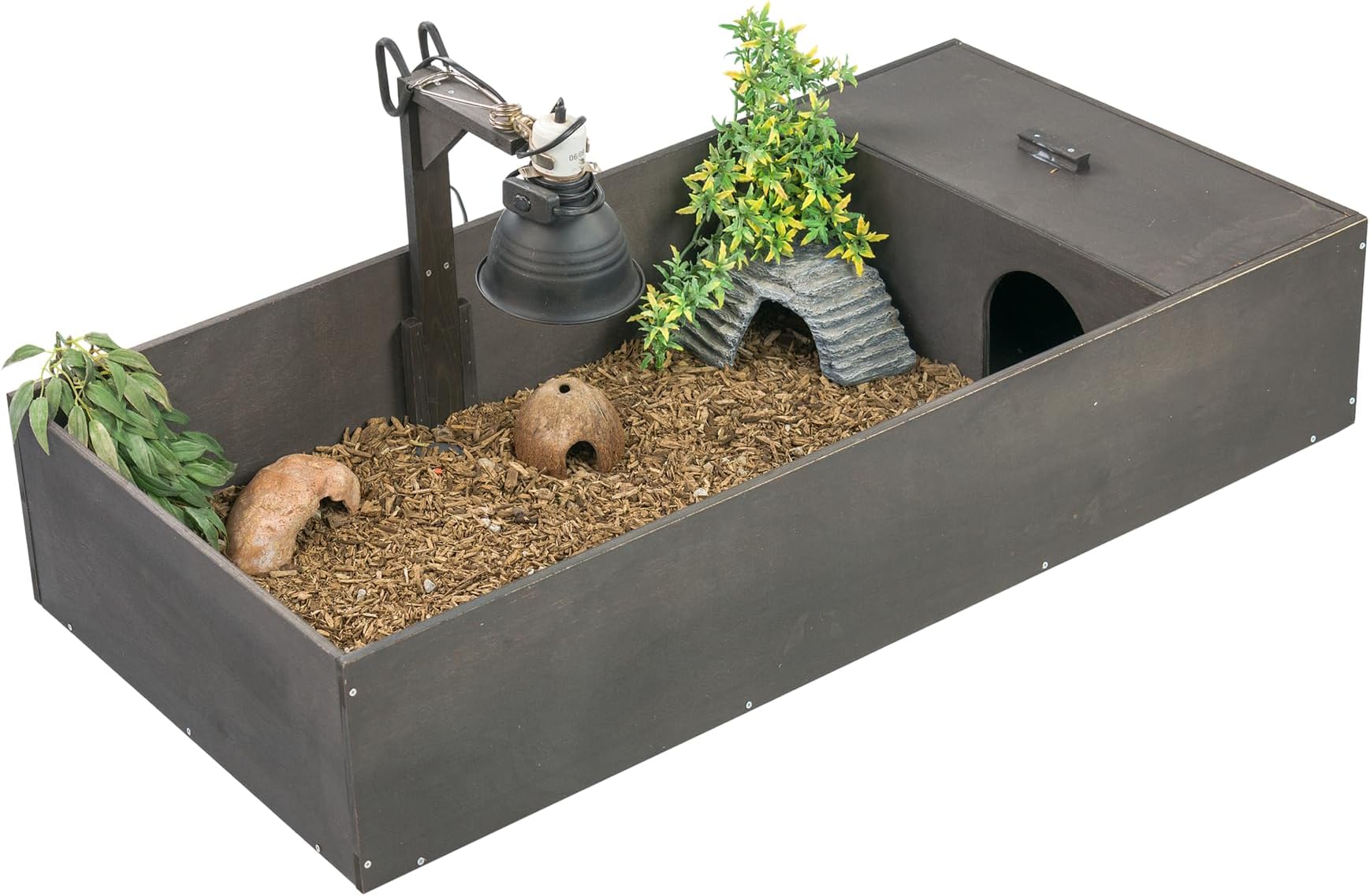 KCT Large Black Tortoise Table Reptile Vivarium Cage Hide with Open Run and Lamp Arm
