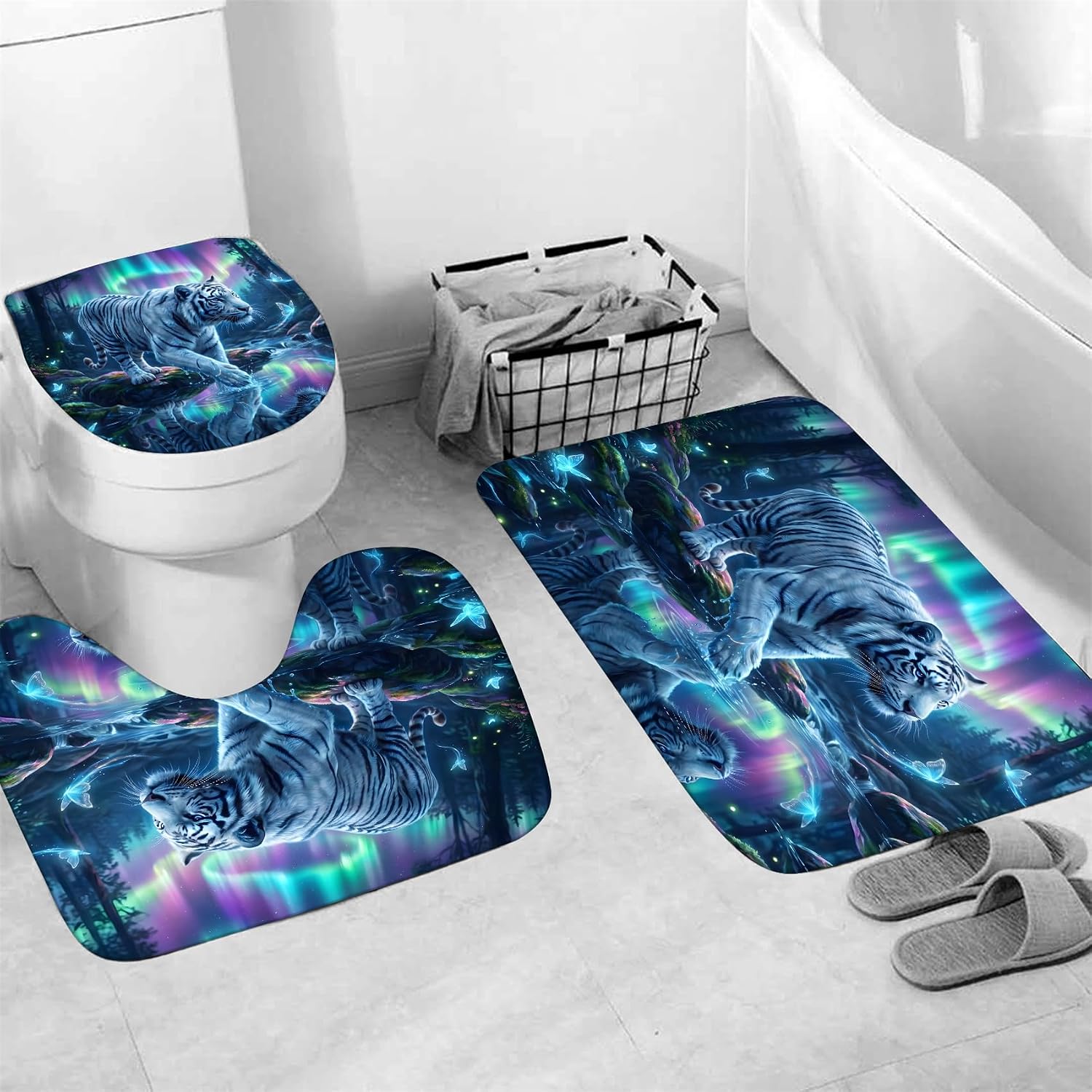 4 Piece White Tiger Shower Curtain Set with Rugs, Fantasy Aurora Borealis Bathroom Decor with 12 Hooks, Waterproof Fabric Bath Curtains, Non-Slip Bath Mat, Toilet Lid Cover image 5