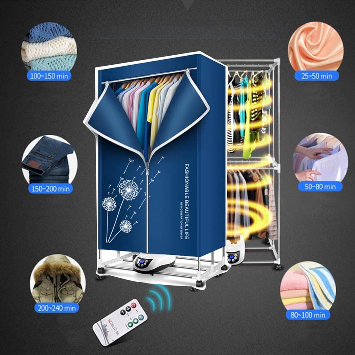Electric Clothes Dryer,Portable 2-Tier Electric Clothes Drying Rack with Remote Control,Foldable 1500W Energy Saving 59 Inch Digital Automatic Timer for House,Blue