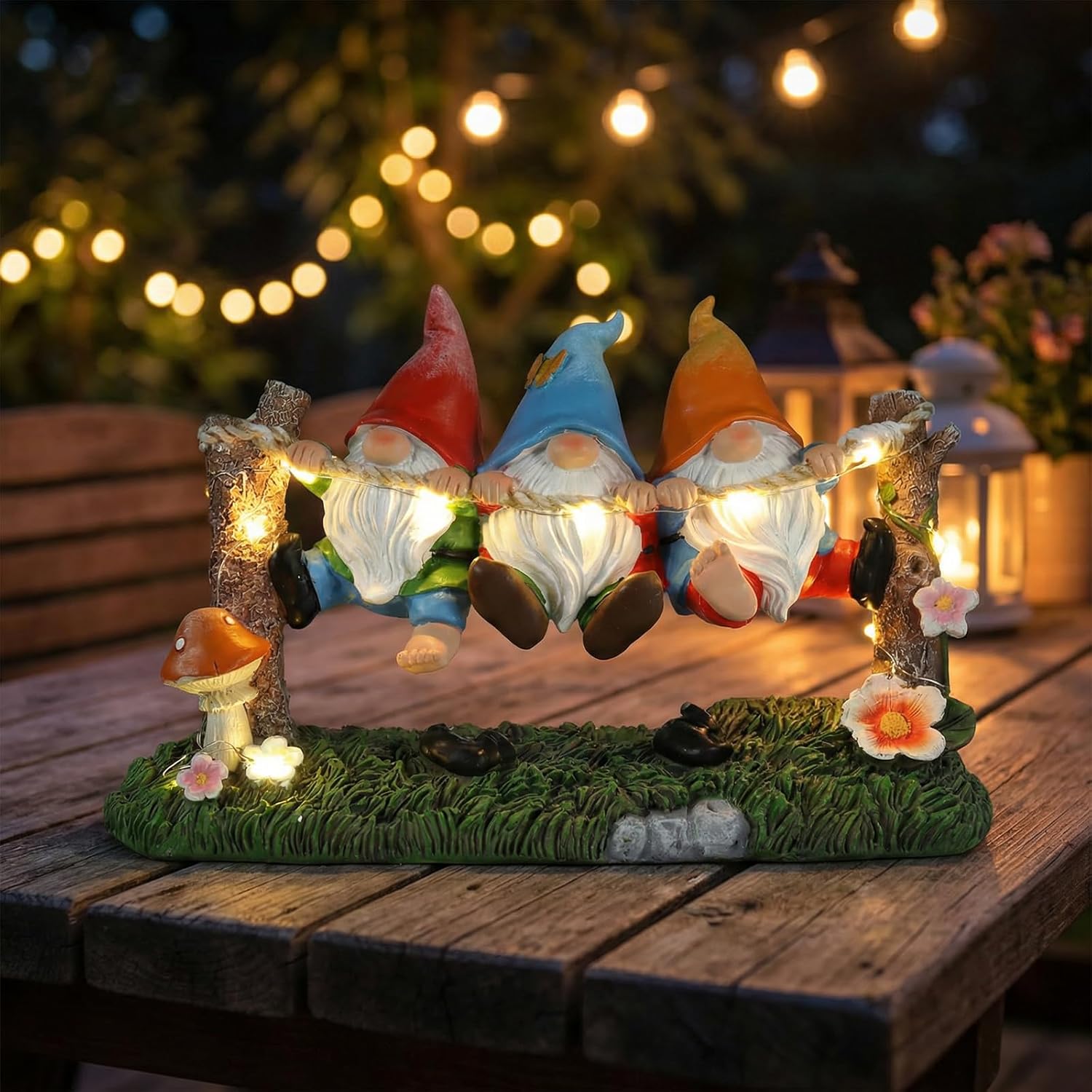 Garden Gnome Statue, Solar Swing Gnomes Figurine with Flowers and Mushrooms, Waterproof Resin Outdoor Decor for Patio Lawn Yard Home Tabletop Decoration