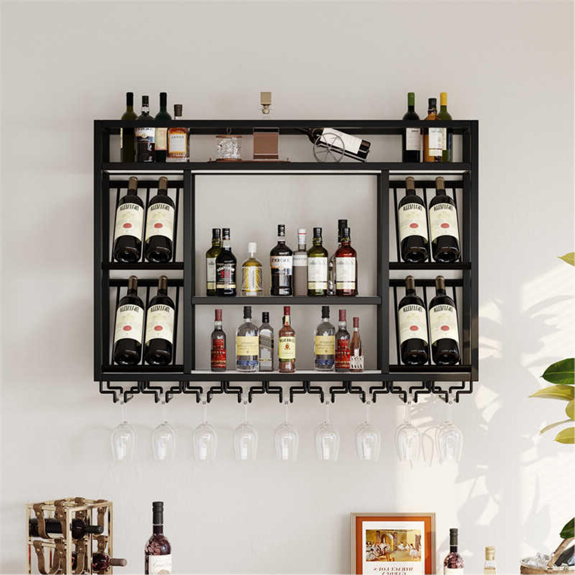 Wine Rack Wall Mounted Bar Shelves Liquor Bottle Display Shelf for Liquor Bottles with Wine Glass Rack Wall Wine Racks for Wine Bottles Kitchen Wall Shelf for Home Bar Dining Room Kitchen(Black,39.37i