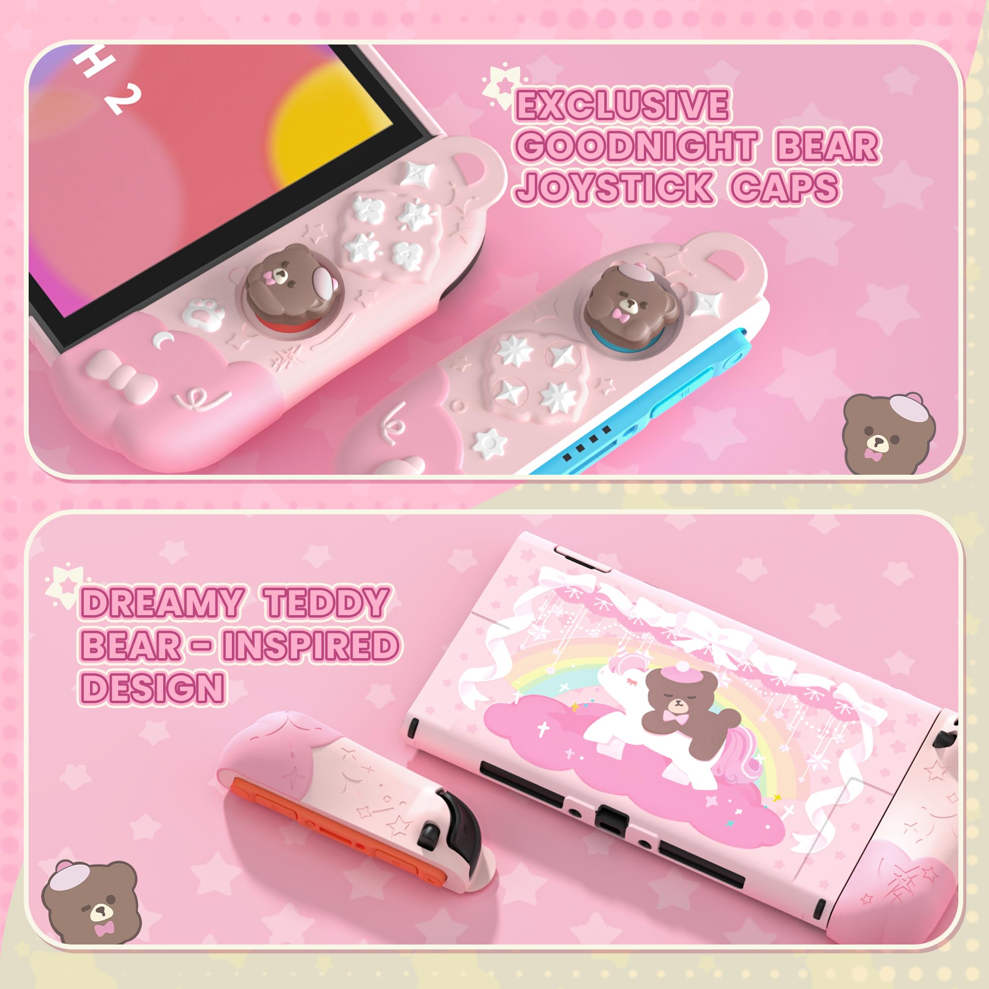 playvital Cover Dockable Rigida per Nintendo Switch 2 Console, Custodia Protettiva Silicone per Joycon 2&Supporto Regolabile Extra&Copri Analogici, Accessori Carini, Buonanotte Orso-Rosa