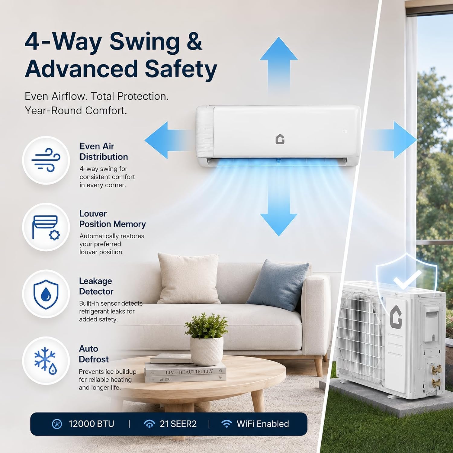 GarveeTech 12000 BTU Mini Split AC/Heating System, 1 Ton Ductless Mini Split Air Conditioner & Heater, 21 SEER2 115V, Wi-Fi Enabled with R32 Refrigerant, Cools Up to 750 Sq. Ft, Turbo/ECO Modes
