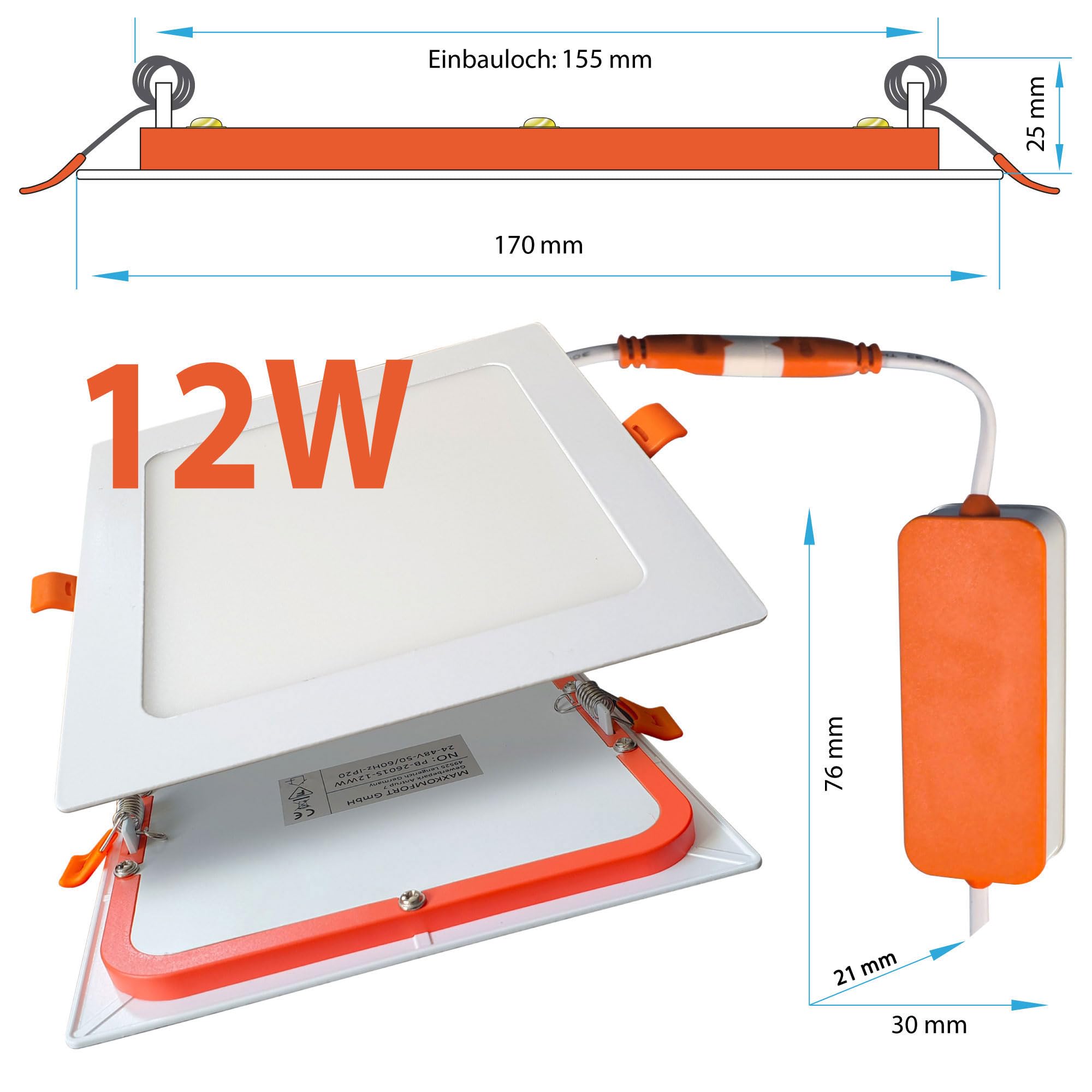 Flache LED-Einbauleuchte: 21W Randlose Eckpanel, Warmweiß 3000K, Ideal Für Decke & Wand – Super Flach Und Modern
