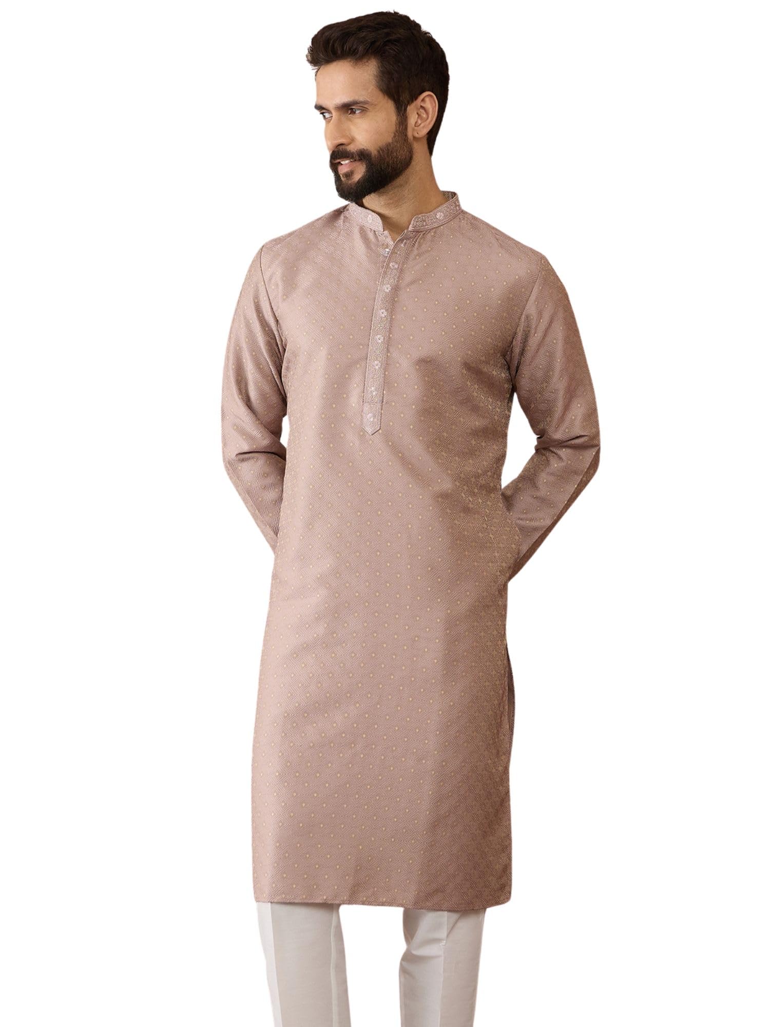 Men'S Lavender Silk Blend Floral Design Calf Length KurtaSet | Men'S | Embroidered Design Kurta Sets For Men | Straight Fit Kurta set For Men-picture-50