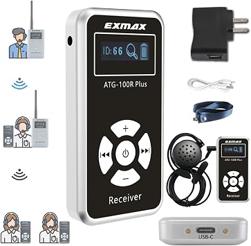 EXMAX ATG-100T Plus 195MHz Wireless Tour Guide Monitoring Audio Voice Transmission System Earphone for Translation Simultaneous Interpreting Travel Wedding Teaching Conference Church Museum1receiver
