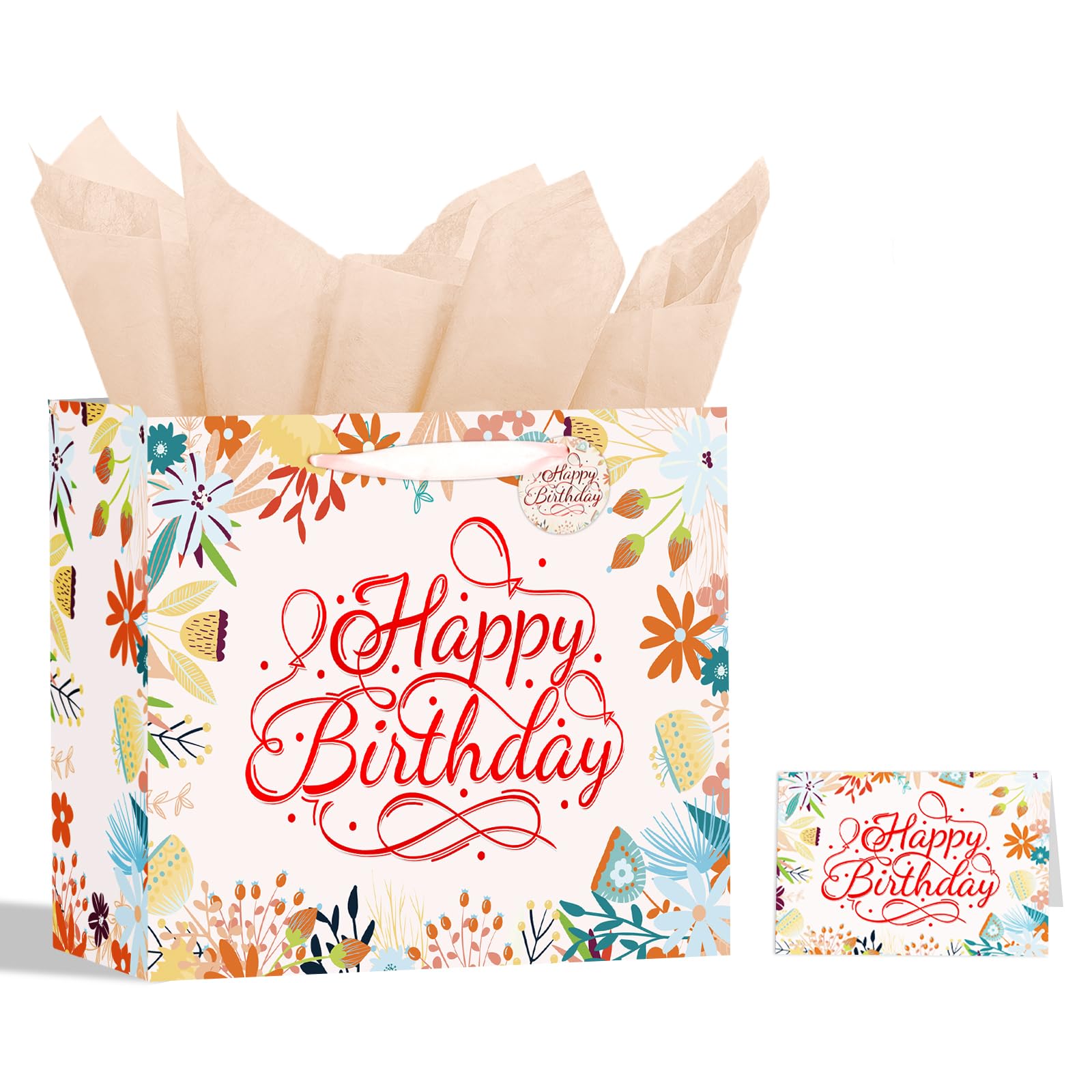 Powbrace 13" Birthday Gift Bag with Tissue Paper &amp; Card(1 Pack Beige)