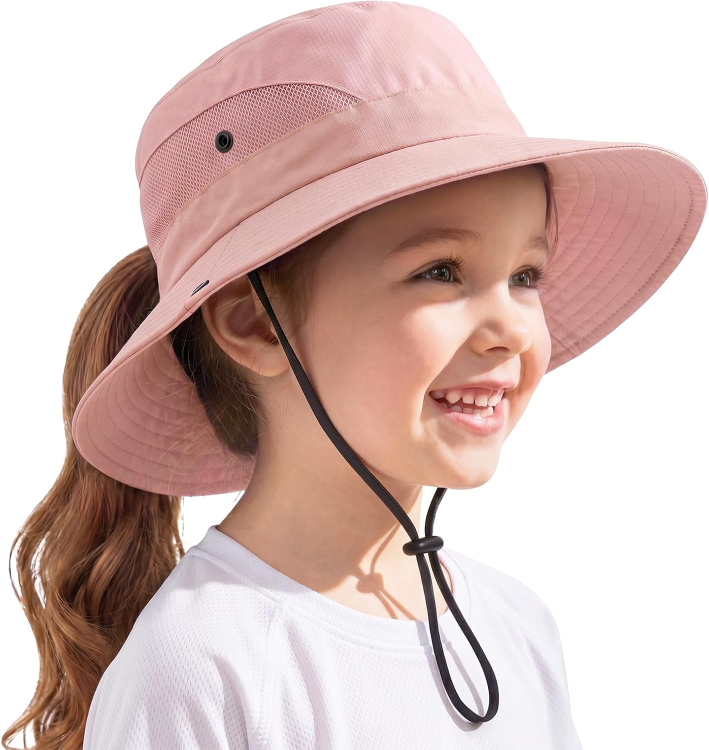 Cute Girls Sun Hat with Ponytail Hole- Wide Brim Full Face & Neck Shade,Quick Dry Pool Summer Beach Bucket Hats for Kids