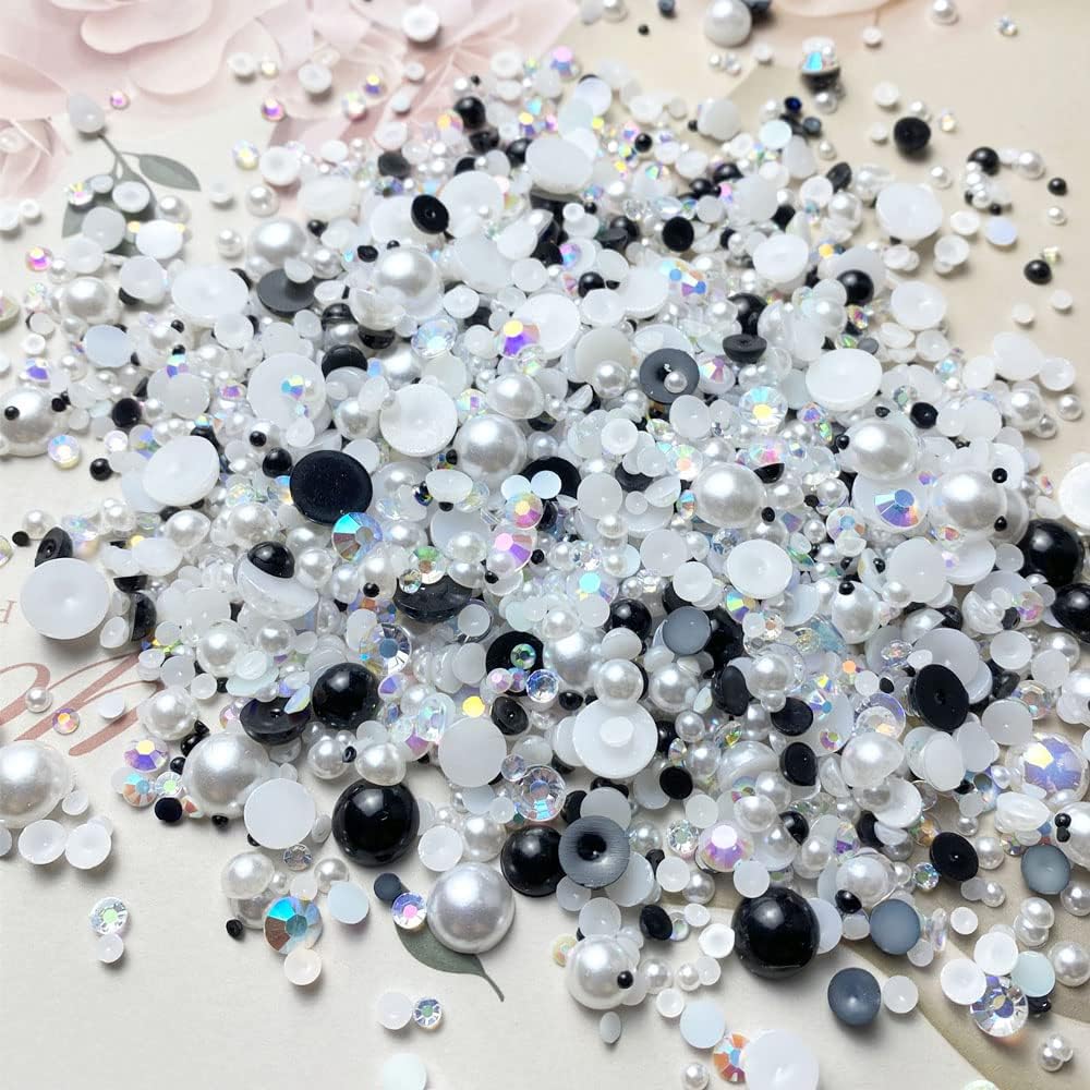 100g Mix Resin Rhinestones Flatback Half Round Pearls Mixed Size 3mm-10mm AB Color Half Pearls Resin Rhinestones for DIY Craft Nail Art Shoes Clothes Phone Case (Black White Series) - Image 2