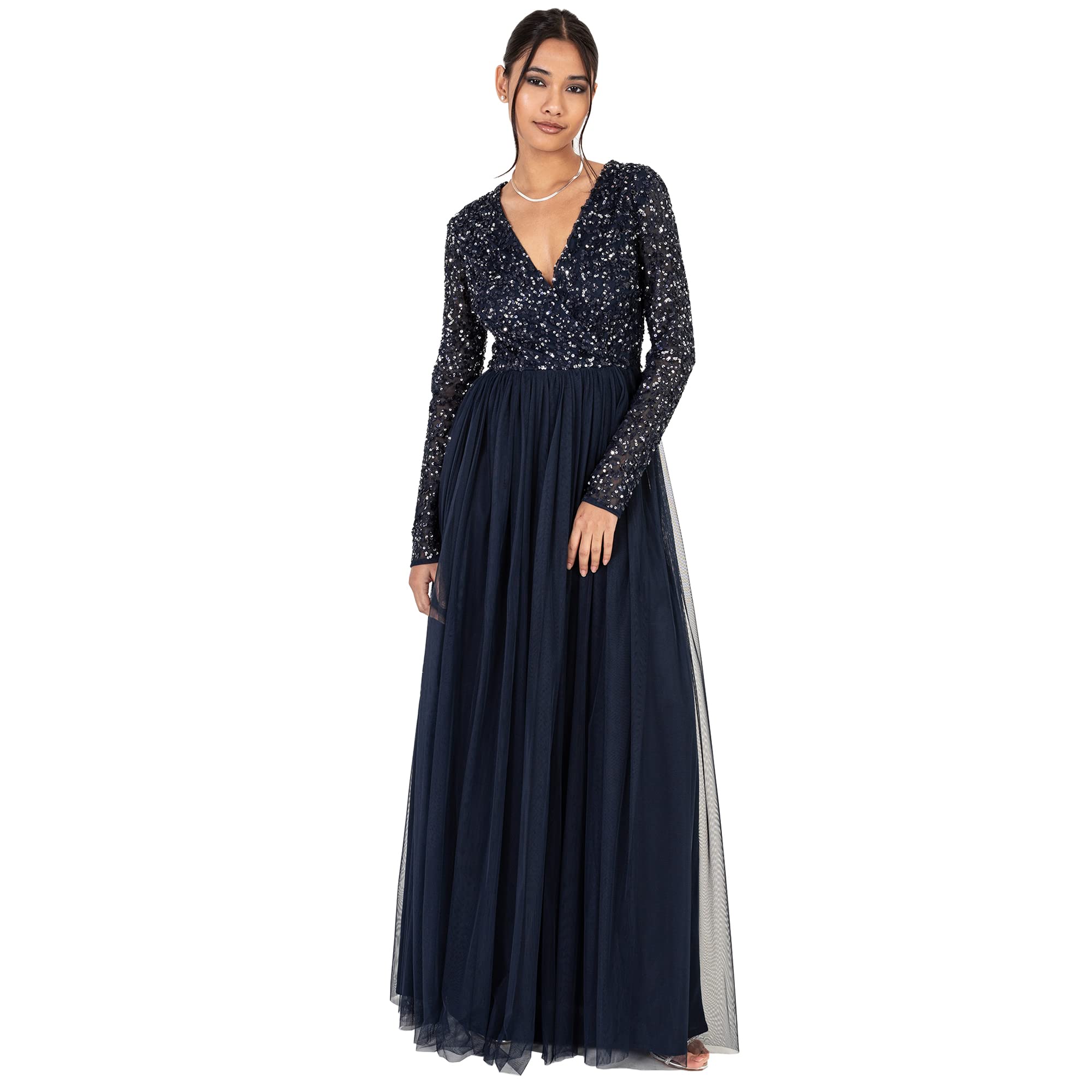 Maya Deluxe Damen Ladies Maxi Dress for Women with Long Sleeves V Neckline Plunging Sequin Embellished for Wedding Guest Bridesmaid Prom Kleid