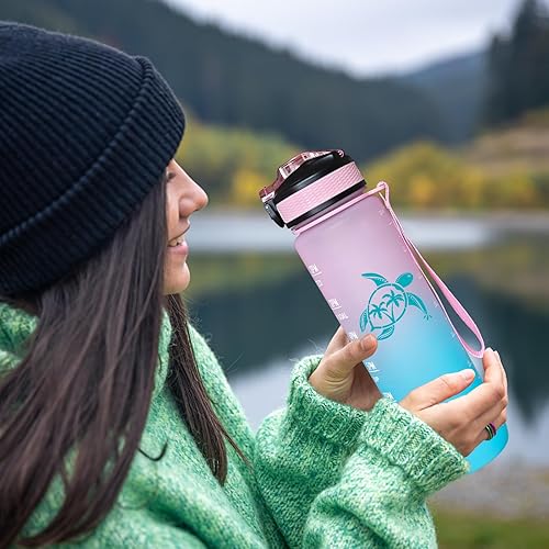 Miniatura 6 de Sea Turtle - Botella de agua con pajilla, a prueba de fugas, correa de transporte, sin BPA, botella de agua deportiva motivacional de 32 onzas