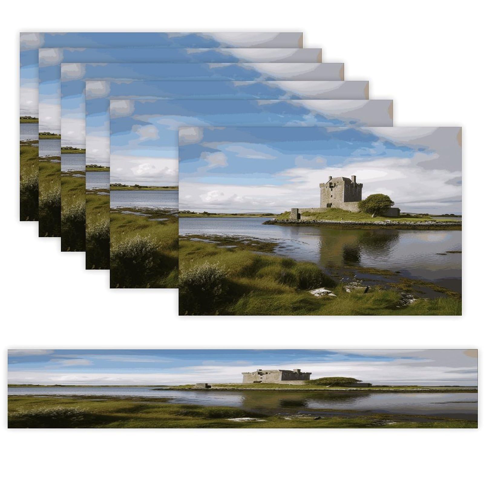 View of The Dunguaire Castle Table Runner and Placemats Set of 6 Wipe Clean Heat Resistant Table Mat with Table Runner Decorations Flax Linen Place Mat Set for Home Kitchen Party Supplies