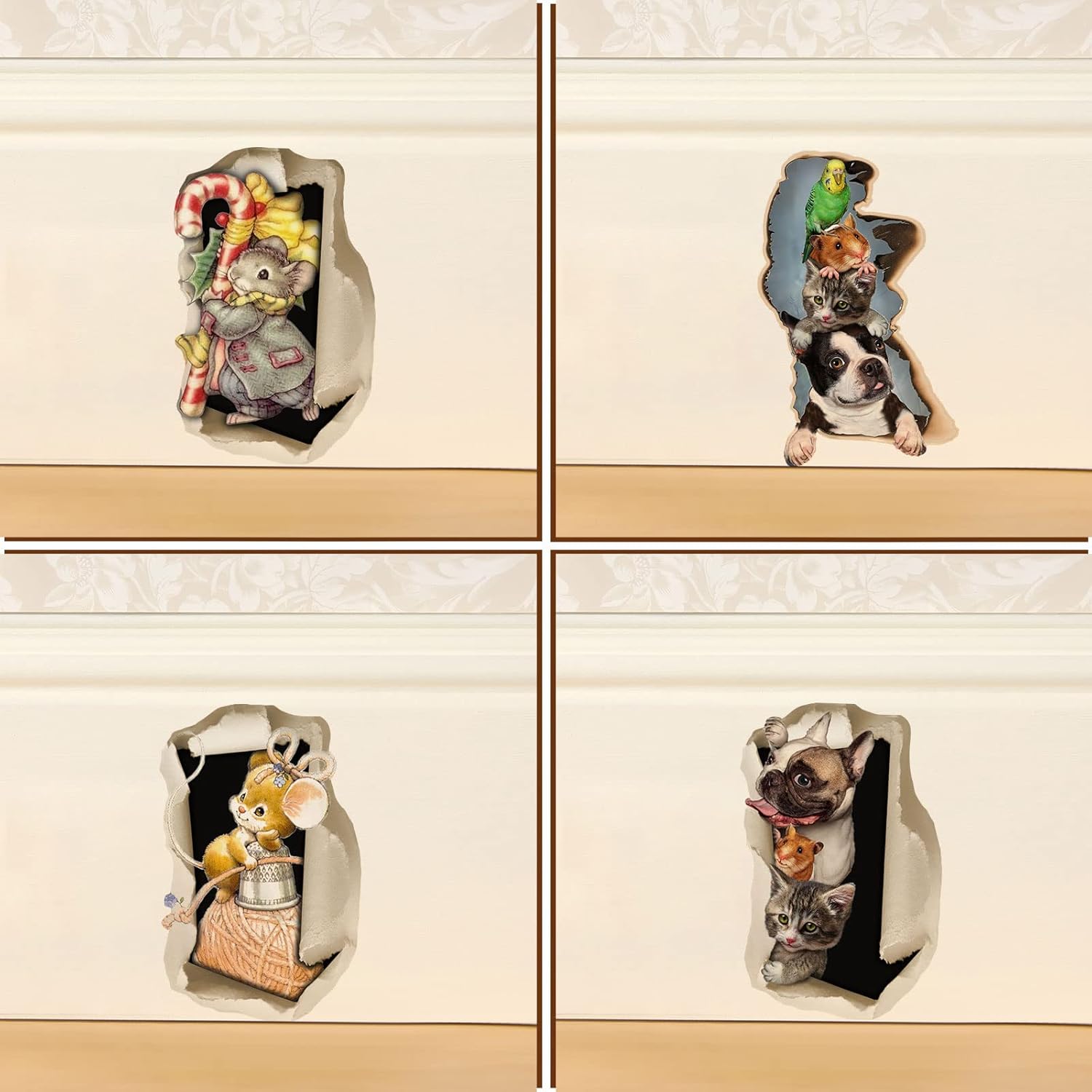 Cute Animals in Hole Wall Decals Cartoon Mouse Hole Sticker