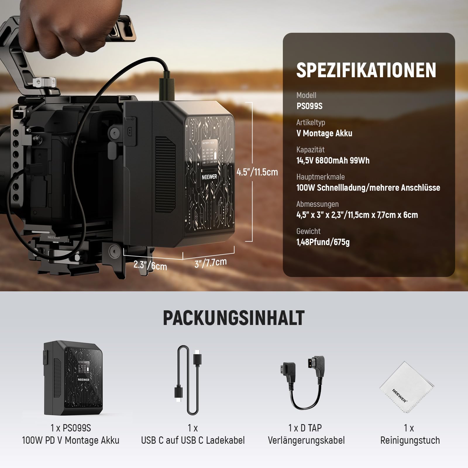 Neewer Mini V Mount Battery Smart APP Steuerung 6800mAh 99Wh 100W PD Schnellladung mit OLED/Reinigungstuch Backup Stromversorgung Kompatibel mit BMPCC 4k 6k Camcorder Kamera Monitor Videolicht – Bild 8