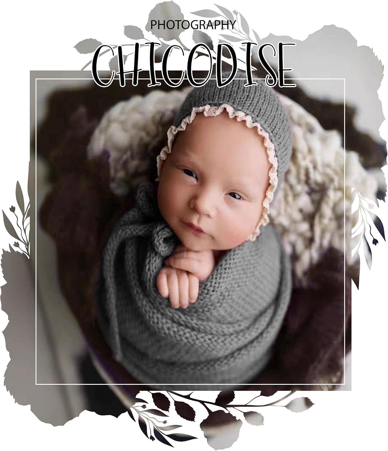 Newborn Photography Props Wraps & Ruffle Edge Bonnet for Infant Baby Boy Girl, Knit Swaddle for Photo Shoot Outfits (Grey)