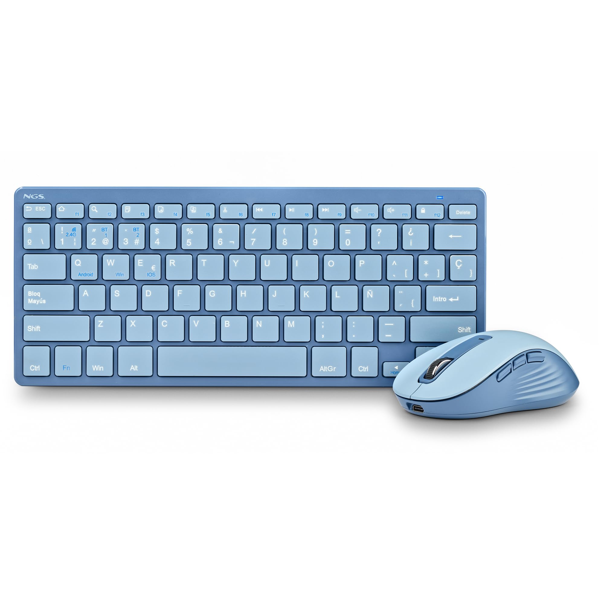 NGS Fantasy Kit Bleu Combo Clavier et Souris Langue Française AZERTY Rechargeable sans Fil Silencieux Multimode (2,4 GHz/BT1/BT2), 12 Touches multimédia, dpi réglable, Compatible avec PC/Mac/Tablets