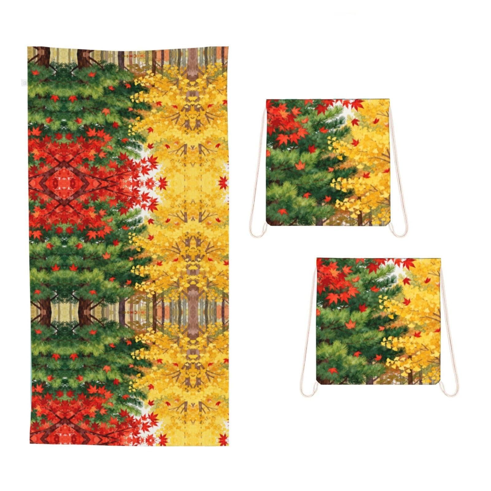CNTDBU Pine Fall 2 in 1 Packable Towel Bag-Large Beach Towel with Stuff Sack, Super Absorbent Microfiber Travel Towel for Pool