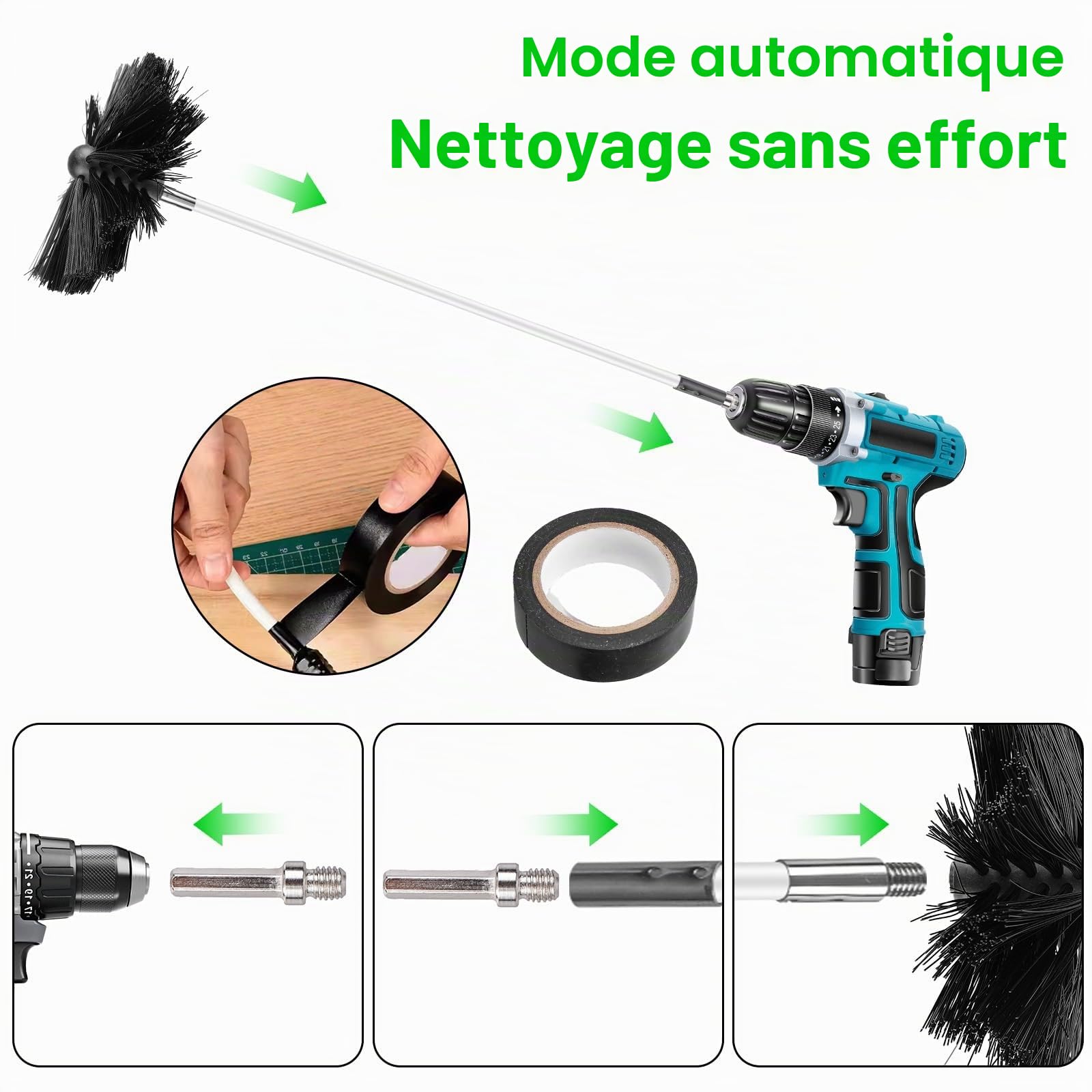 24PCS Kit de brosse pour cheminée : brosse à cheminée de 150 mm, kit de brosses de nettoyage de cheminée avec 18 tiges flexibles de 410 mm + 2 têtes de brosse de 150 mm + 1 brosse en bois longue +