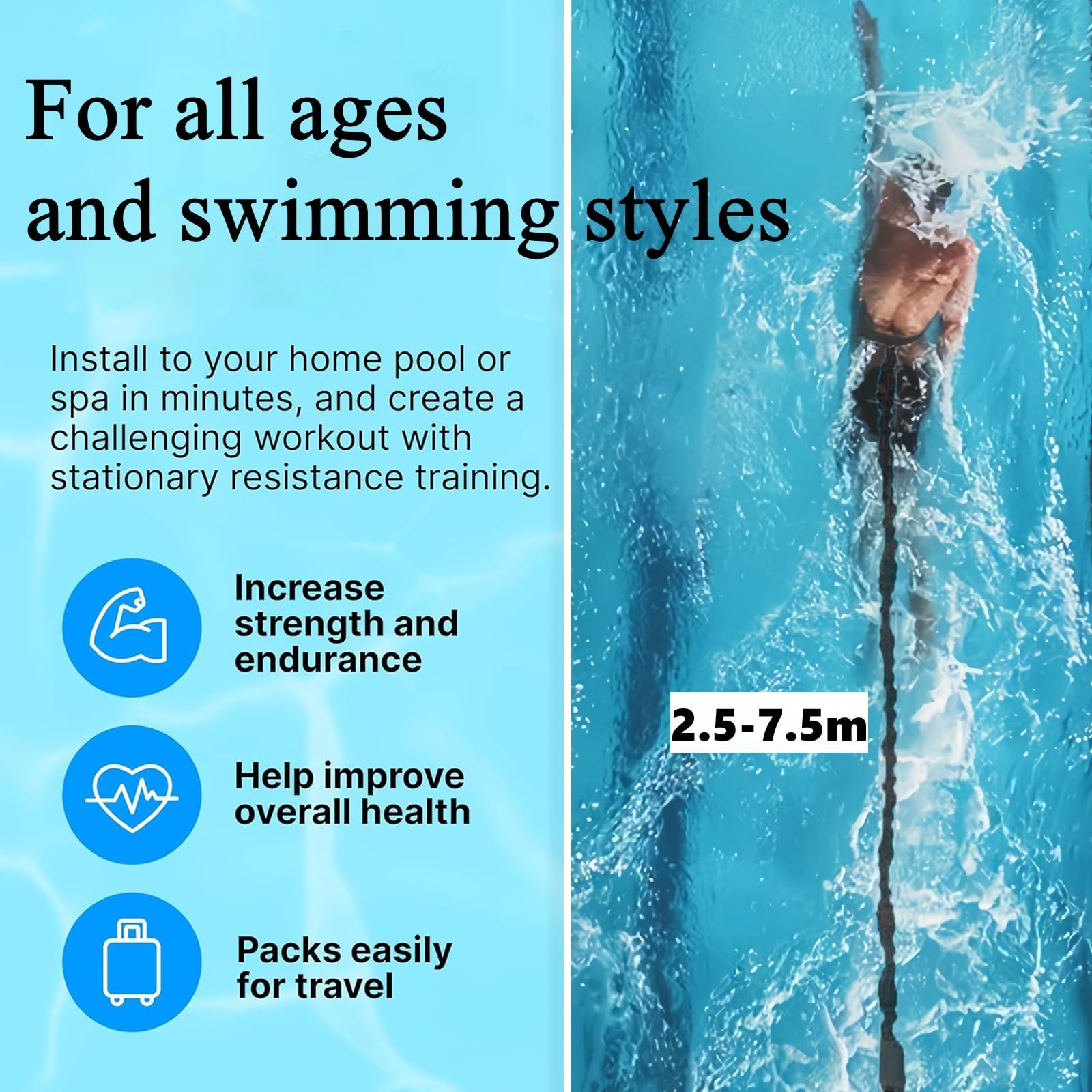 Schwimmgurt für Pool 2.5-7.5M Schwimmtrainer, Schwimmgürte mit Gurtband und Verstellbarem Gürtel, Schwimm-Übungsgürtel für Erhöht Kraft und Ausdauer